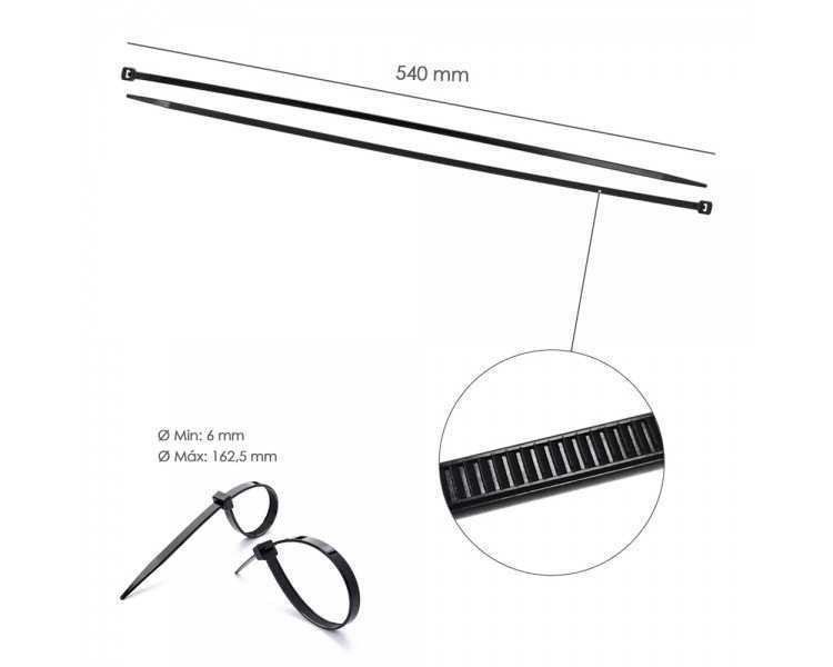 Brida Nylon 100%. Color Negro 7,8 x 540 mm. Bolsa 100 unidades. Abrazadera Plastico, Organizador Cables, Alta Resistencia