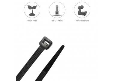 Brida Nylon 100%. Color Negro 2,5 x 160 mm. Bolsa 100 unidades. Abrazadera Plastico, Organizador Cables, Alta Resistencia