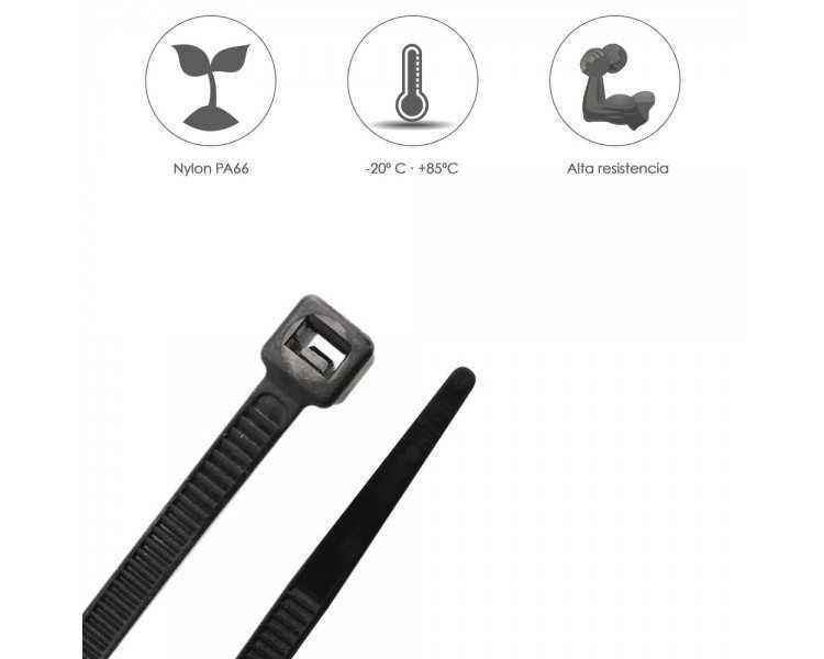 Brida Nylon 100%. Color Negro 3,5 x 200 mm. Bolsa 100 unidades. Abrazadera Plastico, Organizador Cables, Alta Resistencia