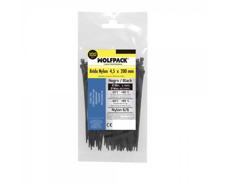 Brida Nylon 100%. Color Negro 4,5 x 200 mm. Bolsa 100 unidades. Abrazadera Plastico, Organizador Cables, Alta Resistencia