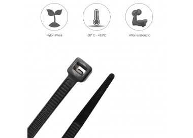 Brida Nylon 100%. Color Negro 4,5 x 280 mm. Bolsa 100 unidades. Abrazadera Plastico, Organizador Cables, Alta Resistencia