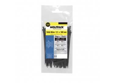 Brida Nylon 100%. Color Negro 4,5 x 360 mm. Bolsa 100 unidades. Abrazadera Plastico, Organizador Cables, Alta Resistencia
