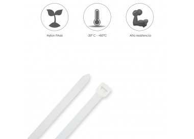 Brida Nylon 100%. Color Blanco / Natural 3,5 x 200 mm. 100 Piezas. Abrazadera Plastico, Organizador Cables, Alta Resistencia