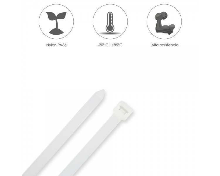 Brida Nylon 100%. Color Blanco / Natural 4,5 x 200 mm. 100 Piezas. Abrazadera Plastico, Organizador Cables, Alta Resistencia