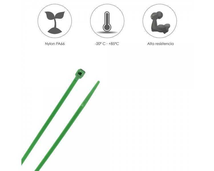 Brida Nylon 100%. Color Verde 3,6 x 200 mm. Bolsa 100 Unidades. Abrazadera Plastico, Organizador Cables, Alta Resistencia