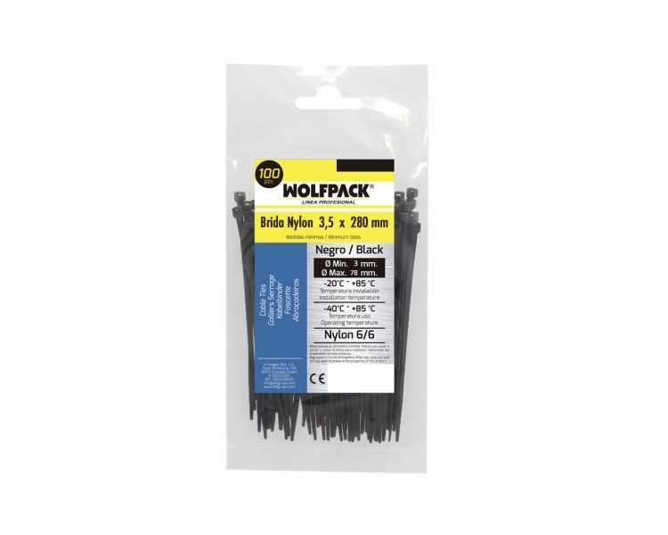 Brida Nylon 100%. Color Negro 3,5 x 280 mm. Bolsa 100 unidades. Abrazadera Plastico, Organizador Cables, Alta Resistencia
