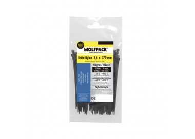 Brida Nylon 100%. Color Negro 3,6 x 370 mm. Bolsa 100 unidades. Abrazadera Plastico, Organizador Cables, Alta Resistencia