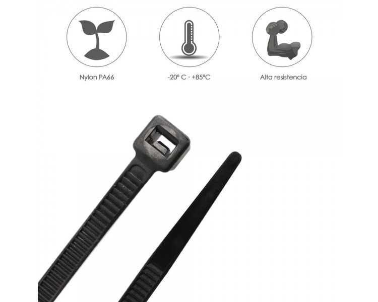 Brida Nylon 100%. Color Negro 7,5 x 360 mm. Bolsa 100 unidades. Abrazadera Plastico, Organizador Cables, Alta Resistencia