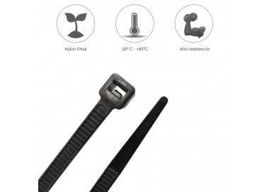 Brida Nylon 100%. Color Negro 7,5 x 360 mm. Bolsa 100 unidades. Abrazadera Plastico, Organizador Cables, Alta Resistencia