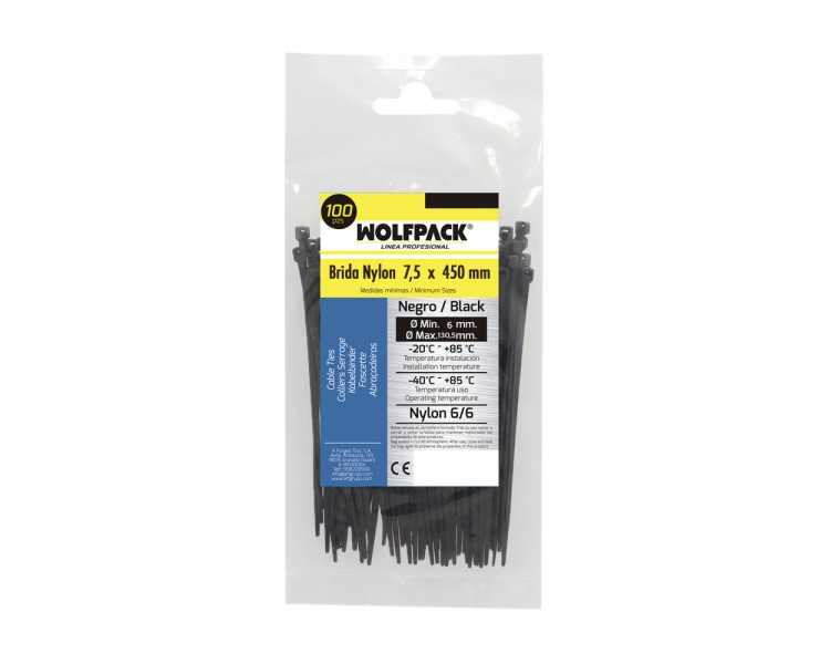 Brida Nylon 100%. Color Negro 7,5 x 450 mm. Bolsa 100 unidades. Abrazadera Plastico, Organizador Cables, Alta Resistencia