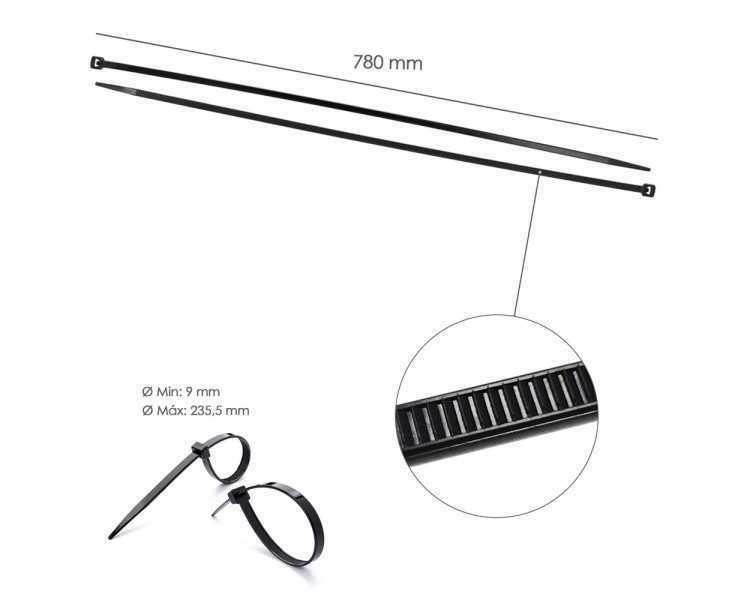 Brida Nylon 100%. Color Negro 9,0 x 780 mm. Bolsa 100 unidades. Abrazadera Plastico, Organizador Cables, Alta Resistencia