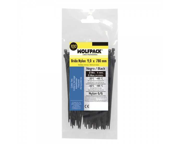 Brida Nylon 100%. Color Negro 9,0 x 780 mm. Bolsa 100 unidades. Abrazadera Plastico, Organizador Cables, Alta Resistencia