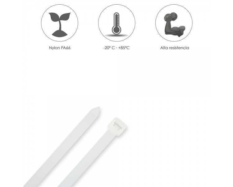 Brida Nylon 100%. Color Blanco / Natural 2,5 x 100 mm. 100 Piezas. Abrazadera Plastico, Organizador Cables, Alta Resistencia
