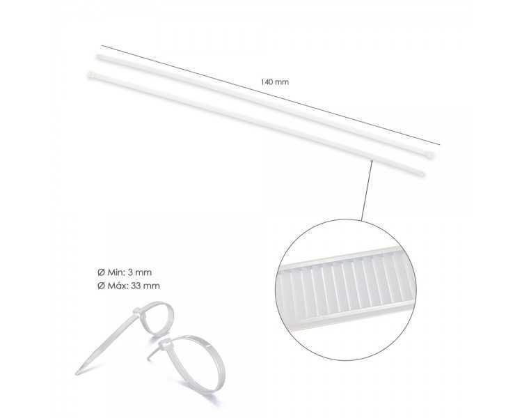 Brida Nylon 100%. Color Blanco / Natural 3,5 x 140 mm. 100 Piezas. Abrazadera Plastico, Organizador Cables, Alta Resistencia
