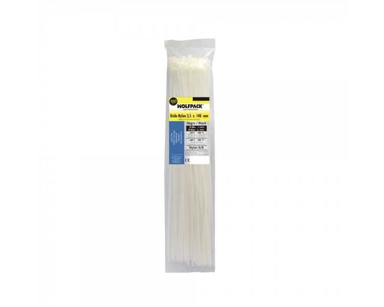 Brida Nylon 100%. Color Blanco / Natural 3,5 x 140 mm. 100 Piezas. Abrazadera Plastico, Organizador Cables, Alta Resistencia