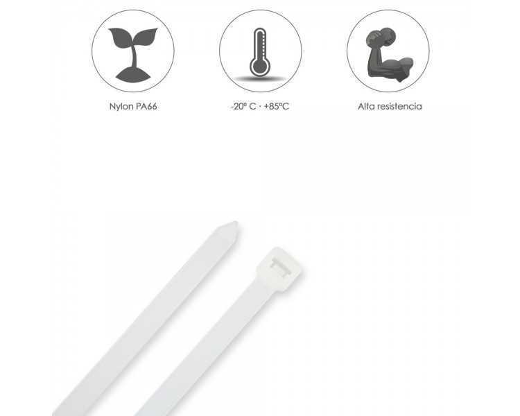 Brida Nylon 100%. Color Blanco / Natural 3,6 x 370 mm. 100 Piezas. Abrazadera Plastico, Organizador Cables, Alta Resistencia