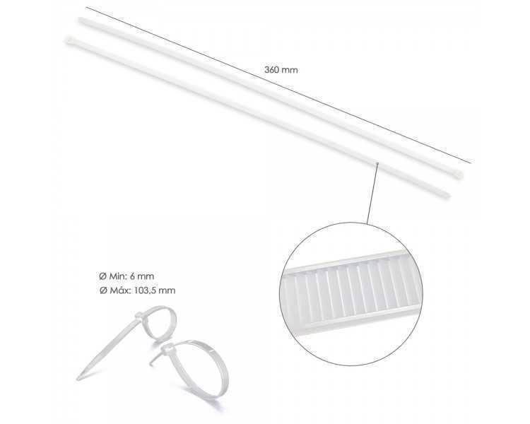 Brida Nylon 100%. Color Blanco / Natural 7,5 x 360 mm. 100 Piezas. Abrazadera Plastico, Organizador Cables, Alta Resistencia