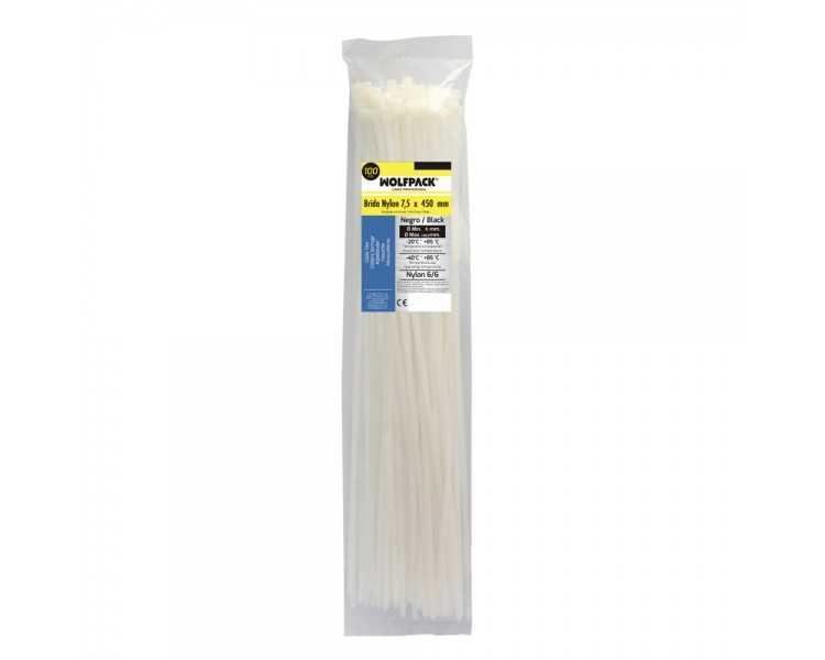 Brida Nylon 100%. Color Blanco / Natural 7,5 x 450 mm. 100 Piezas. Abrazadera Plastico, Organizador Cables, Alta Resistencia