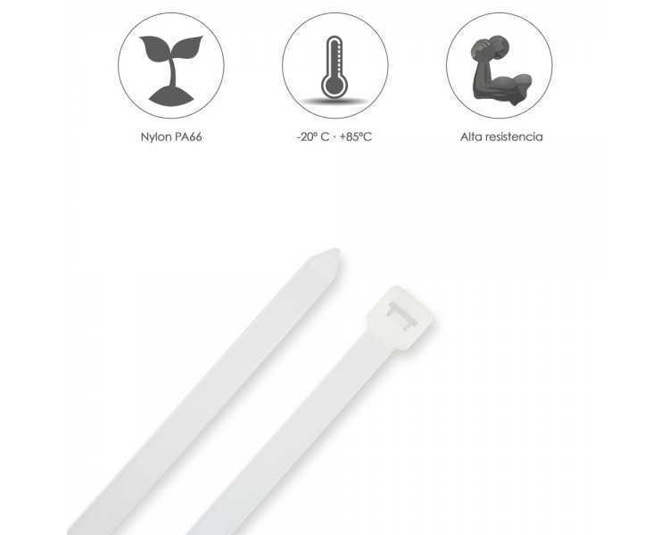 Brida Nylon 100%. Color Blanco / Natural 7,8 x 540 mm. 100 Piezas. Abrazadera Plastico, Organizador Cables, Alta Resistencia