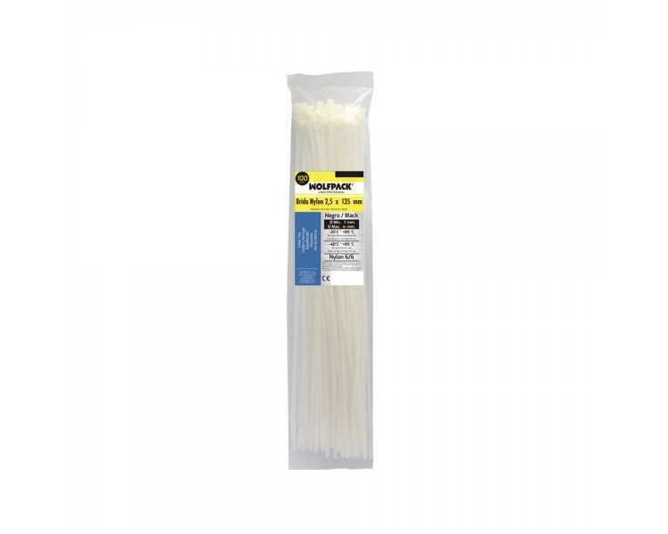Brida Nylon 100%. Color Blanco / Natural 2,5 x135 mm. 100 Piezas. Abrazadera Plastico, Organizador Cables, Alta Resistencia
