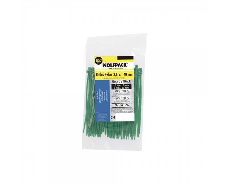 Brida Nylon 100%. Color Verde 3,6 x 140 mm. Bolsa 100 Unidades. Abrazadera Plastico, Organizador Cables, Alta Resistencia