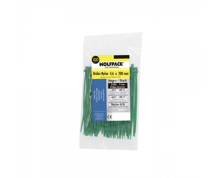 Brida Nylon 100%. Color Verde 4,6 x 200 mm. Bolsa 100 Unidades. Abrazadera Plastico, Organizador Cables, Alta Resistencia