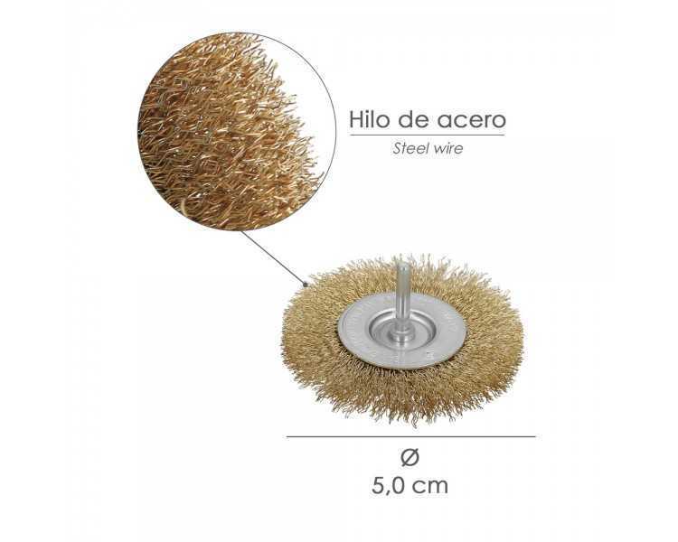 Cepillo Acero Latonado Para Taladro. Disco Ø 50 mm. Espiga 1/4" Cepillo Taladro Alambre Latón, Cepillo Limpieza, Cepillo Pulir.