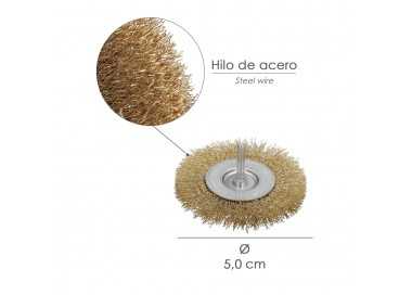 Cepillo Acero Latonado Para Taladro. Disco Ø 50 mm. Espiga 1/4" Cepillo Taladro Alambre Latón, Cepillo Limpieza, Cepillo Pulir.