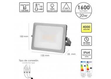 Foco Led Plano Potencia 20 Watt. 1600 Lumenes. Luz blanca 4000ºK Protección IP65. Cuerpo Aluminio. Foco Exteriores / Interiores
