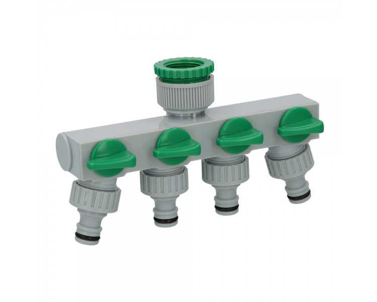 Adaptador Manguera Plastico 3/4" - 1"  4 Vias, Distribuidor 4 vias, Divisor Manguera, Ajuste Independiente, Tomas 1/2+Adaptador