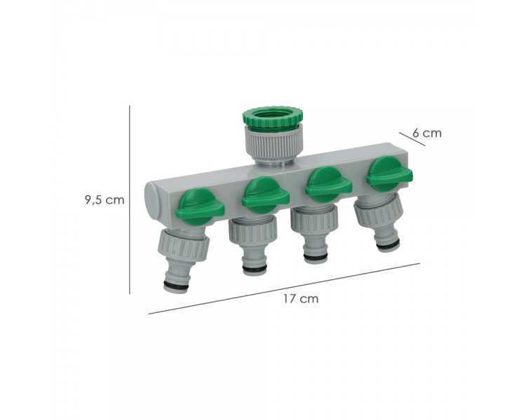 Adaptador Manguera Plastico 3/4" - 1"  4 Vias, Distribuidor 4 vias, Divisor Manguera, Ajuste Independiente, Tomas 1/2+Adaptador