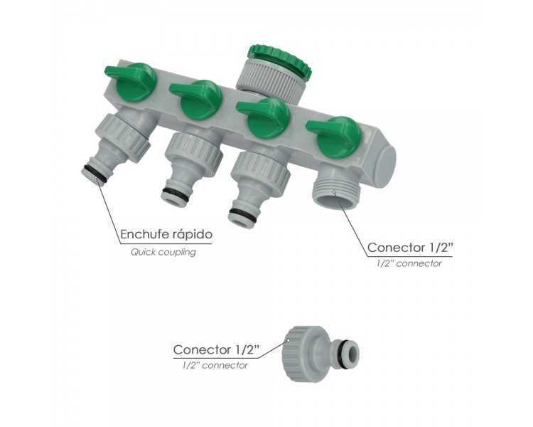 Adaptador Manguera Plastico 3/4" - 1"  4 Vias, Distribuidor 4 vias, Divisor Manguera, Ajuste Independiente, Tomas 1/2+Adaptador