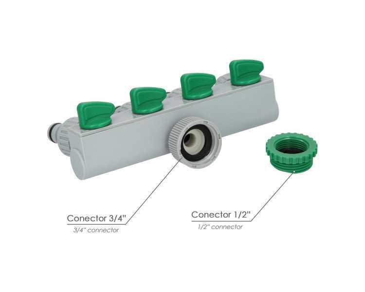 Adaptador Manguera Plastico 3/4" - 1"  4 Vias, Distribuidor 4 vias, Divisor Manguera, Ajuste Independiente, Tomas 1/2+Adaptador