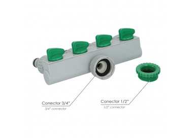 Adaptador Manguera Plastico 3/4" - 1"  4 Vias, Distribuidor 4 vias, Divisor Manguera, Ajuste Independiente, Tomas 1/2+Adaptador