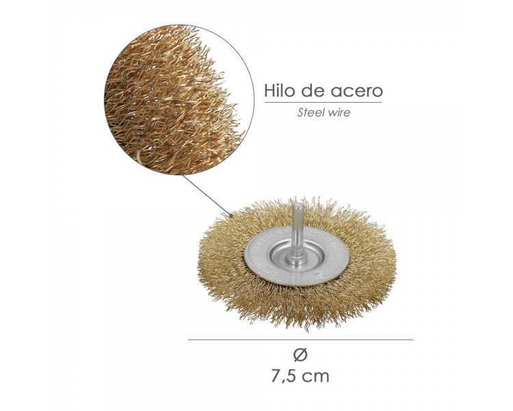 Cepillo Acero Latonado Para Taladro. Disco Ø 75 mm. Espiga 1/4" Cepillo Taladro Alambre Latón, Cepillo Limpieza, Cepillo Pulir.