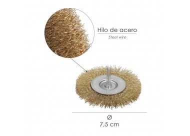 Cepillo Acero Latonado Para Taladro. Disco Ø 75 mm. Espiga 1/4" Cepillo Taladro Alambre Latón, Cepillo Limpieza, Cepillo Pulir.