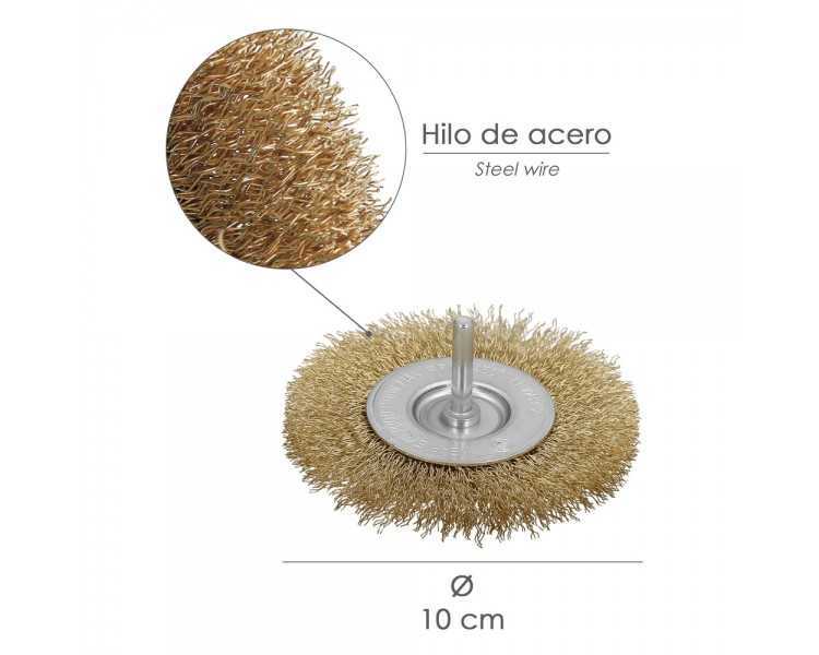 Cepillo Acero Latonado Para Taladro. Disco Ø 100 mm. Espiga 1/4" Cepillo Taladro Alambre Latón, Cepillo Limpieza, Cepillo Pulir.