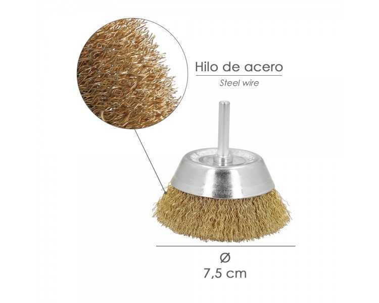 Cepillo Acero Latonado Para Taladro Taza Ø 75 mm. Espiga 1/4" Cepillo Taladro Alambre Latón, Cepillo Limpieza, Cepillo Pulir.