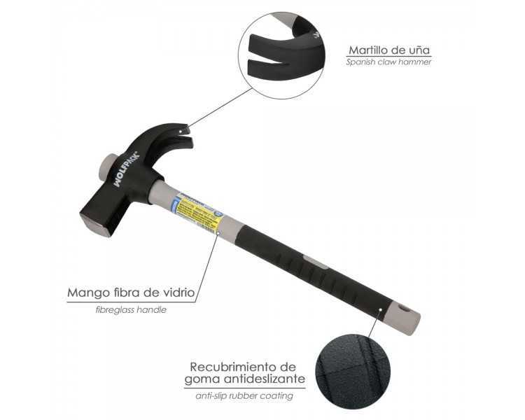 Martillo Uña Mango Fibra Vidrio Mango Fibra Vidrio Con Empuñadura Antideslizante. 600 Gramos 33 cm.