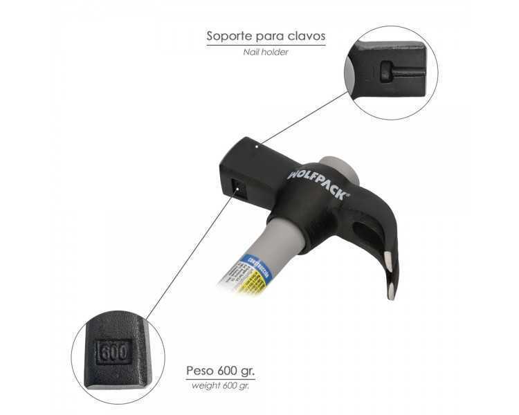 Martillo Uña Mango Fibra Vidrio Mango Fibra Vidrio Con Empuñadura Antideslizante. 600 Gramos 33 cm.