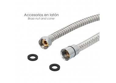 Flexo / Manguera Ducha Acero Inoxidable 2,00 Metros Accesorios de Latón. Flexible, Resistente a Torceduras, Conexión Estandar