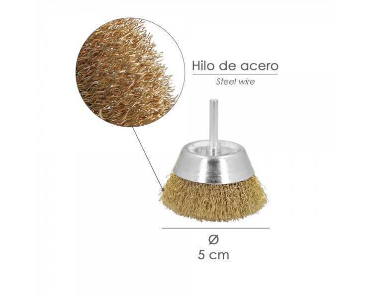 Cepillo Acero Latonado Para Taladro Taza Ø 50 mm. Espiga 1/4" Cepillo Taladro Alambre Latón, Cepillo Limpieza, Cepillo Pulir.