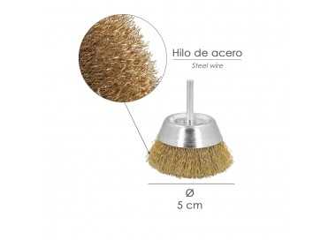 Cepillo Acero Latonado Para Taladro Taza Ø 50 mm. Espiga 1/4" Cepillo Taladro Alambre Latón, Cepillo Limpieza, Cepillo Pulir.