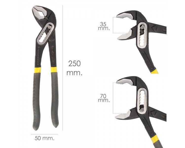 Tenazas Apertura Múltiple Negra 250 mm. Mangos Plastificados DIN 8976. Pico De Loro, Alicates Extensibles, Tenazas Fontanero