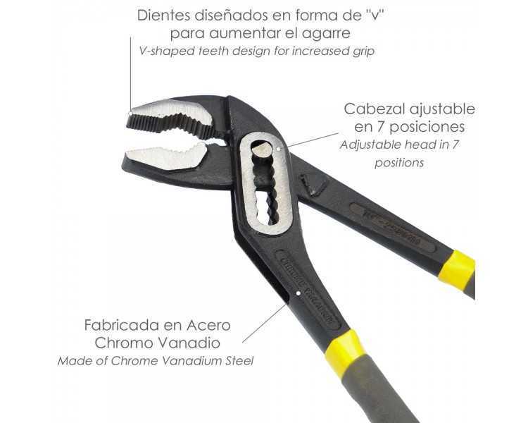 Tenazas Apertura Múltiple Negra 250 mm. Mangos Plastificados DIN 8976. Pico De Loro, Alicates Extensibles, Tenazas Fontanero