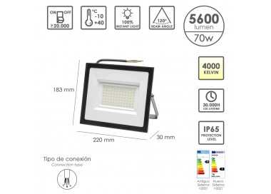 Foco Led Plano Potencia 70 Watt. 5600 Lumenes. Luz blanca 4000ºK Protección IP65. Cuerpo Aluminio. Foco Exteriores / Interiores.