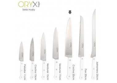 Cuchillo Husky Cocina 20 cm. Hoja Acero Inoxidable, Cuchillo Carne, Cuchillo Pescado, Cuchillo Chef, Mango Ergonomico Blanco