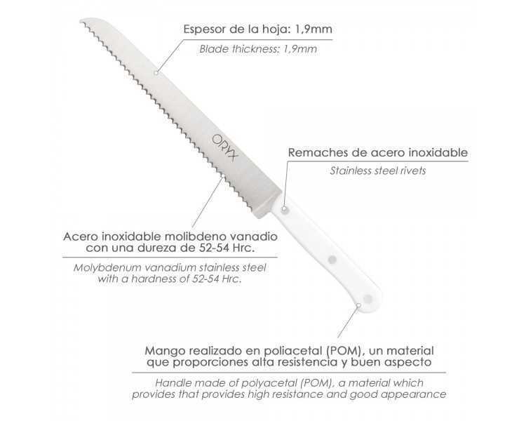 Cuchillo Husky Panero 21 cm. Hoja Acero Inoxidable, Cuchillo Pan , Cuchillo Cortar Pan Mango Ergonomico Blanco