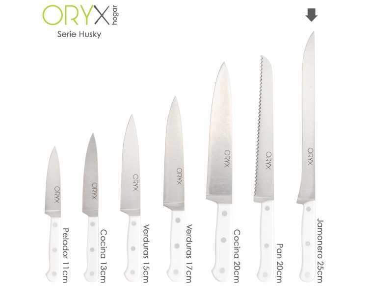 Cuchillo Husky Jamonero 25 cm. Hoja Acero Inoxidable, Cuchillo Jamon, Cuchillo Cortar Jamon Mango Ergonomico Blanco