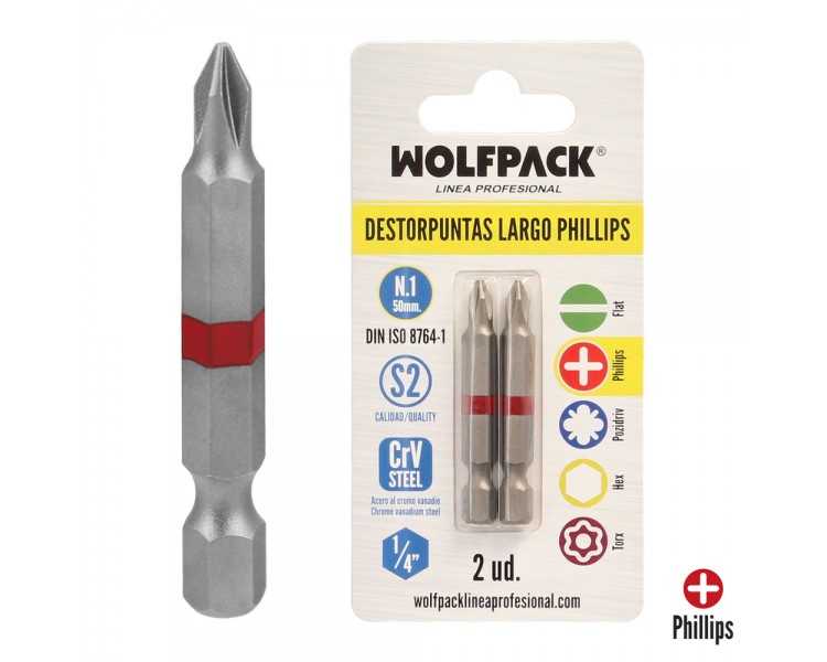 Puntas Largas Destornillador Phillips Nº 1 (2 Piezas). Acero S2 al Cromo Vanadio. Puntas Hexagonales, Destorpuntas,